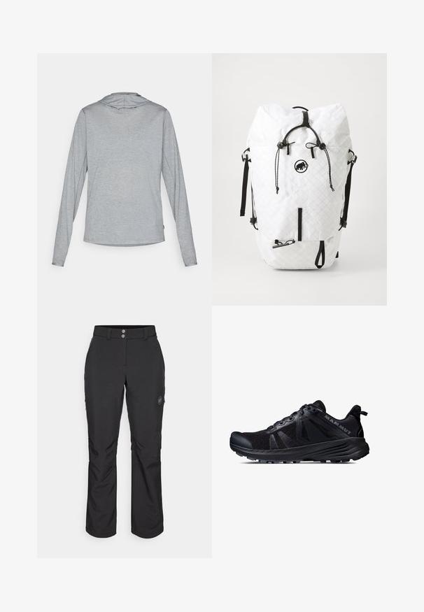 Hosszú ujjas kapucnis pulóver világosszürke színben, puha, texturált anyaggal. Kapucnis dizájn, laza fazon és kerekített alj.; Fekete, egyenes szabású kinti nadrág, gombos záródással, cipzáros oldalzsebekkel és logóval a bal combon.; Fekete terepfutó cipő hálós felsőrésszel és gumitalppal. Texturált betétekkel, megerősített orr résszel és márkalogóval a saroknál.; Fehér, steppelt anyagból készült hátizsák fekete részletekkel. Állítható pántokkal, felhajtható záródással és elülső cipzáras zsebbel rendelkezik.