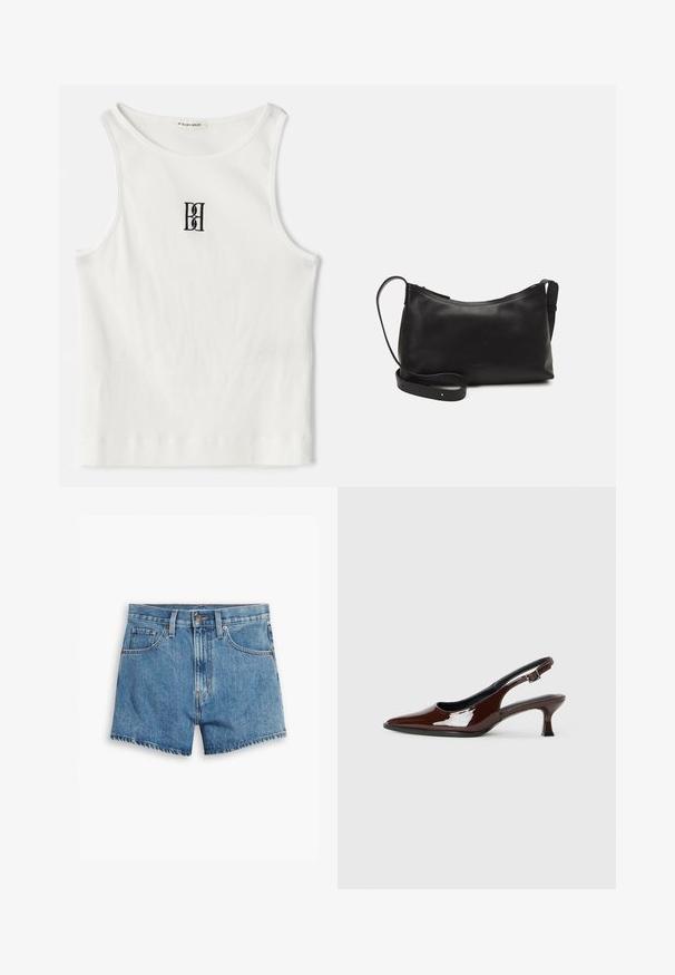 White ribbed tank top featuring a black embroidered logo centered on the chest. The neckline and armholes are finished with a subtle binding.; Denim shorts in light blue, featuring five pockets, a zip fly, and a button closure. The hem is frayed with a relaxed fit design.; Brown patent leather slingback shoe with a pointed toe and a moderate heel. Features a buckle strap for secure fit. Smooth texture.; Black leather shoulder bag with a smooth texture, curved shape, adjustable strap, and a zip closure. Minimalist design without embellishments.