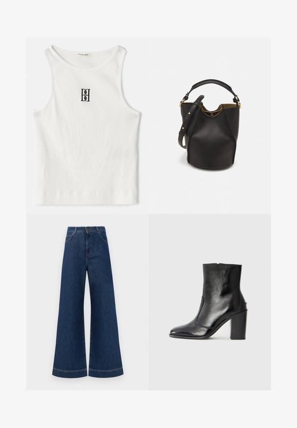 Top pérola canelado branco com um logótipo bordado preto centrado no peito. A gola e as cavas têm um acabamento discreto.; Jeans azul de perna larga com cintura alta, apresentando um fecho de botão, passantes para cinto e detalhes de costura discretos ao longo dos bolsos e das bainhas.; Bota ankle preta em pele com uma textura suave, bico fino e um salto alto robusto. Apresenta uma abertura lateral e um design minimalista.; Saco de mão em pele preta com acabamento texturizado, detalhes em ouro e parte superior aberta. Apresenta uma pega curta e uma alça de ombro ajustável.