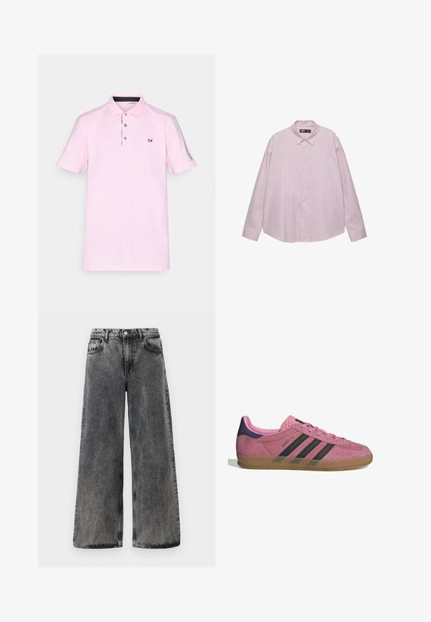 Pink polo shirt in soft cotton with a two-button placket, black accents, and CK logo on the left chest and sleeve. Short sleeves.; Light pink button-up shirt with vertical blue stripes, collared neck, long sleeves, and a loose fit. Made from smooth fabric with a slight sheen.; Wide-leg black denim jeans with a faded finish. Features five pockets, a button closure, and contrasting stitching along the seams.; Pink suede sneaker with black stripes, gum sole, and textured purple heel. Features a lace-up design and embossed branding on the side.