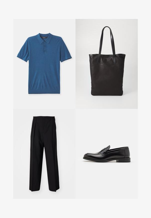 Modrá polo košile z měkké látky, s límečkem, zapínáním na tři knoflíky a krátkými rukávy. Jemná detailní logo aplikace na hrudi.; Černé skládací kalhoty s rovnými, širokými nohavicemi. Vyrobené z hladké tkaniny, se zapínáním na knoflík a poutky na opasek.; Černé kožené polobotky s hladkou texturou, zaoblenou špičkou a zdobným páskem přes nárt. Nízký stohovaný podpatek, minimalistický design.; Černá plátěná taška s černými koženými uchy. Jednoduchý design, prostorné tělo a hladký povrch. Žádné viditelné loga ani vzory.