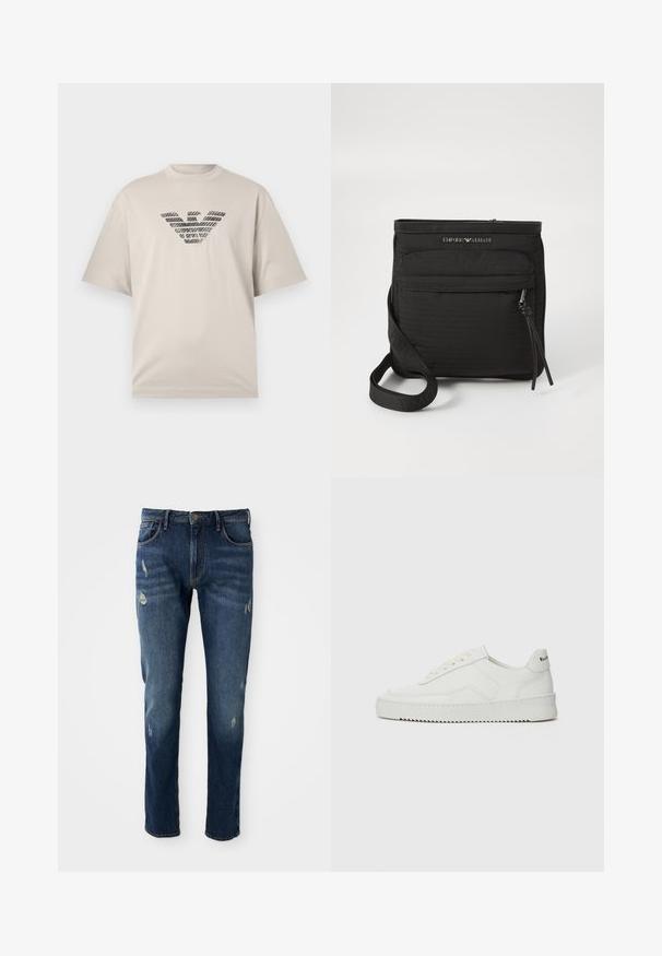 Beige bomull t-skjorte med kortermet og rund hals, med et teksturert svart logo i stripe mønster i midten.; Mørkeblå denimjeans med slim fit, lett slitasje på lår og knær, klassisk fem-lomme-design og knappelukking.; Hvite lærersneakers med en jevn overflate, rund tå, flate lisser og en teksturert såle. Har en subtil logo på hælen.; Svart Emporio Armani crossover-veske med frontlomme med glidelås, justerbar stropp og logo-detalj på teksturert stoff.
