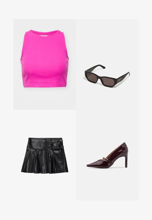 Rozā ribota bērnu topiņš ar augstu kakla izgriezumu un bez piedurknēm. Audumam ir gluda tekstūra un pieguļoša forma.; Melnas ādas svārki ar arī pleciem, platām jostām un diviem sprādžu akcentiem sānos. Gluda tekstūra ar spīdīgu apdari.; Patenta burgundijas krāsu augstpapēžu kurpe ar asu purngalu, potītes siksniņu ar zelta detaļām un gludu, spīdīgu apdari. Paaugstināts stiletto papēdis.; Melnas taisnstūra formas saulesbrilles ar tumšiem lēcām. Iezīmējas ar gludu plastmasas rāmi un logo detaļu uz tempļa. Tīrs, mūsdienīgs dizains.; Burgundijas krāsas somiņa, izgatavota no sintētiska materiāla ar strukturētu dizainu, ar noņemamu siksnu un ziedu raksta šalli, kas piesieta pie roktura.