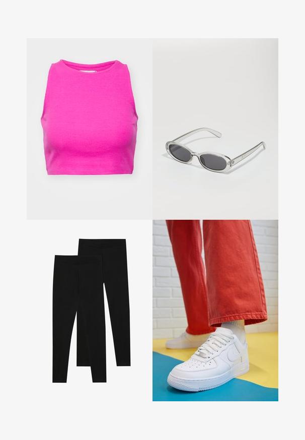 Rožinė raukinėta trumpa palaidinė su aukštu kaklu ir be rankovių dizainu. Audinys turi glotnų tekstūrą ir prigludusį siluetą.; Juodos leggingai, pagaminti iš tamprių audinių, su besiūle talija ir lieknu siluetu, tinkami kasdieniam dėvėjimui arba mankštai.; Baltos odinės kedų sportbačiai su perforuotu pirštu, tekstūruota pado dalimi ir baltais raišteliais, derinami su plačiomis raudonomis kelnėmis ir mėlynos bei geltonos spalvų fono kompozicija.; Akiniai nuo saulės ovalo formos, su skaidriu plastiko rėmu, tamsiai pilkais objektyvais ir plonomis skaidriomis šakėmis, dekoruotais logotipų akcentais ir minimaliais detalėmis.