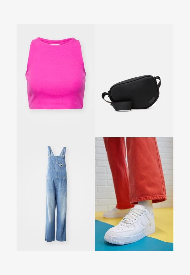 Pink ribbed crop top with a high neckline and sleeveless design. The fabric has a smooth texture and fitted shape.; Denim overalls in light blue with adjustable straps, large front pocket, and wide legs. Fabric shows gradient wash effect and small wear details.; White leather sneaker with perforated toe box, textured sole, and white laces, paired with wide red pants and a blue and yellow background.; Black, zippered crossbody bag made of smooth material, featuring a flat shape, a single strap, and a small logo accent. Minimalist design.