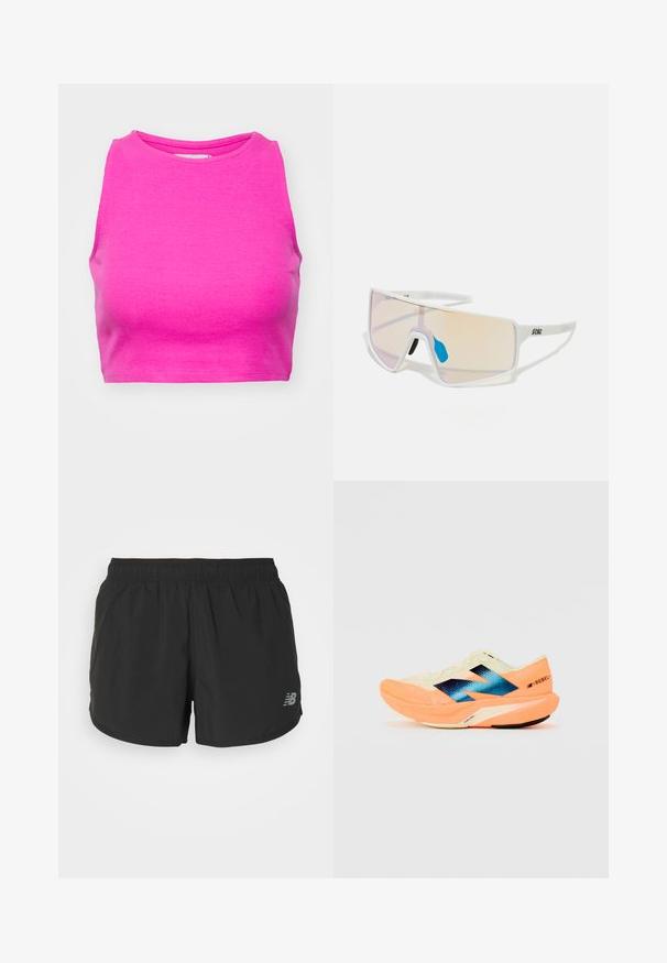 Pink ribbed crop top with a high neckline and sleeveless design. The fabric has a smooth texture and fitted shape.; Black athletic shorts with an elastic waistband, made of lightweight fabric. Features a small gray logo on the lower right side.; Running shoe with a lightweight cream upper, blue branding, and orange accents on the sole. Mesh texture for breathability.; White-framed sunglasses with large, gradient lenses featuring a pink to light orange tint, accentuated by a blue nose piece and logo detail.