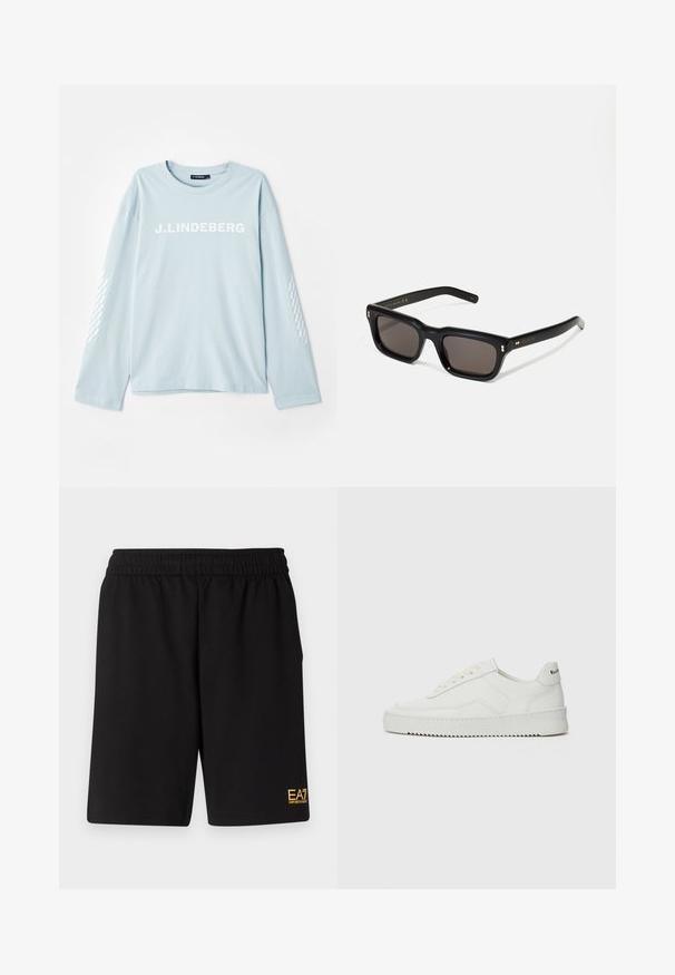 Tricou cu maneci lungi de culoare albastru deschis, dintr-un material moale, având logo-ul "J. Lindeberg" cu litere albe pe față și un accent patterned pe mâneci.; Shorts atletici negri dintr-un material moale, având o talie elastică și un mic logo galben EA7 pe partea inferioară a piciorului stâng.; Sneakers din piele albă cu un finisaj neted, vârf rotund, șireturi plate și o talpă texturată. Prezintă un logo subtil pe călcâi.; Ochelari de soare negri, rectangul care au lentile întunecate, ramă din plastic gros, accente aurii pe brațe și logo-ul brandului gravat pe mâner.