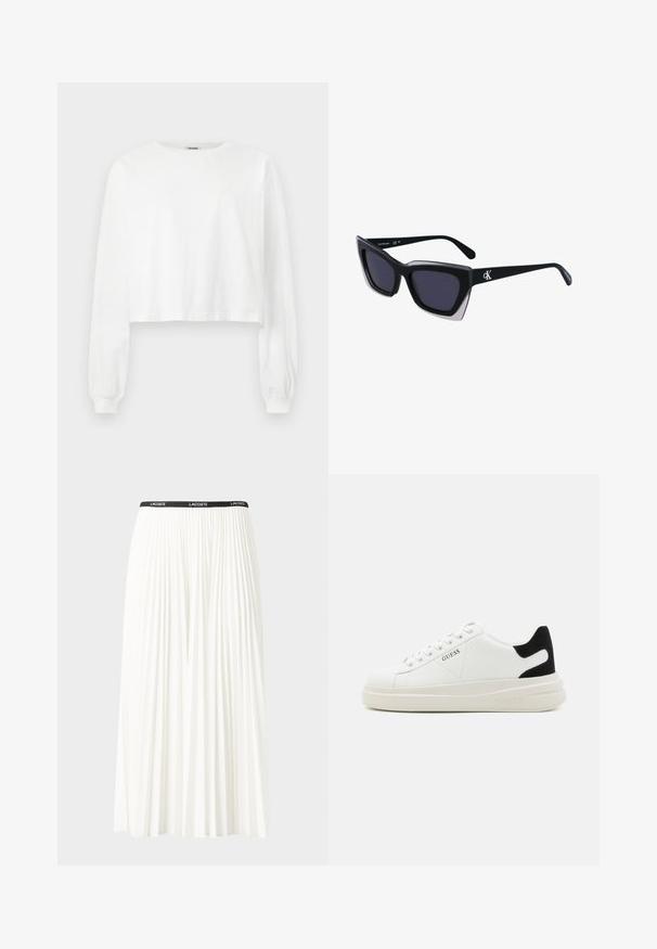 Weißes, kurzes Sweatshirt mit langen Ärmeln. Hergestellt aus weicher Baumwolle, verfügt es über einen runden Ausschnitt und geraffte Bündchen. Glatte Textur, minimales Design.; Faltenrock aus Weiß mit einem schwarzen elastischen Bund, der das "LACOSTE"-Logo trägt. Mittellanges Design mit weicher Textur.; Weiße Leder-Sneaker mit einer dicken weißen Sohle, schwarzem Wildlederakzent an der Ferse und geprägtem Logo an der Seite. Schnürdesign mit sechs Ösen.; Schwarze übergroße Sonnenbrille mit geometrischer Form, ausgestattet mit dunklen Gläsern und einem kontrastierenden grauen Detail im Rahmen. Logo am Bügel.