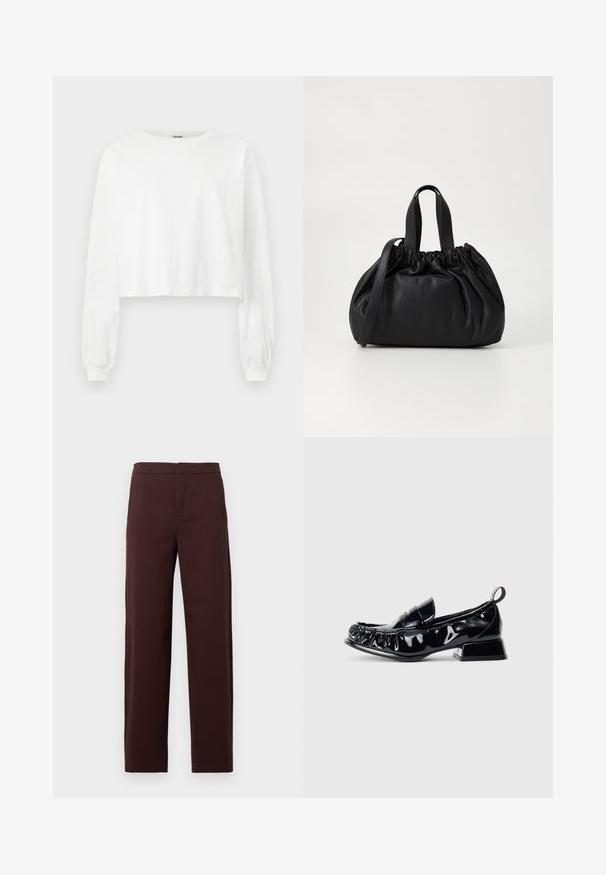 Felpa corta bianca con maniche lunghe. Realizzata in morbido cotone, presenta uno scollo rotondo e polsini arricciati. Texture liscia, design minimalista.; Pantaloni marroni a vita alta con gamba dritta realizzati in un tessuto liscio. Presentano tasche laterali e un design pulito, senza decorazioni.; Mocassino in pelle verniciata nera con punta quadrata, dettagli arricciati, tacco a blocco basso e linguetta sul retro, su sfondo bianco.; Borsa a tracolla in pelle nera con design a cima arricciata, dotata di due manici corti e di una lunga tracolla regolabile. Texture liscia, forma arrotondata.