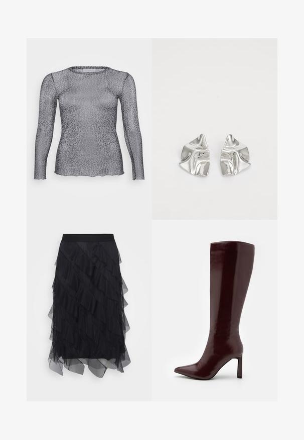 Permatomas pilkas ilgomis rankovėmis marškinėlis su leopardų raštu, išsiskiriantis apvalia iškirpte ir skalpuota apatine dalimi. Pagamintas iš lengvos, permatomos medžiagos.; Juodas tiulis sijonas su sluoksniuotais volanais, elastinga juosta ir laisvu siluetu. Skaidri tekstūra suteikia lengvumo ir judėjimo.; Even&Odd Batai - dark red; Sidabriniai metaliniai Auskarai su banginiu, skulptūriniu dizainu, pasižymintys poliruotu paviršiumi ir nereguliariomis formomis, išryškinančiomis šiuolaikišką estetiką.