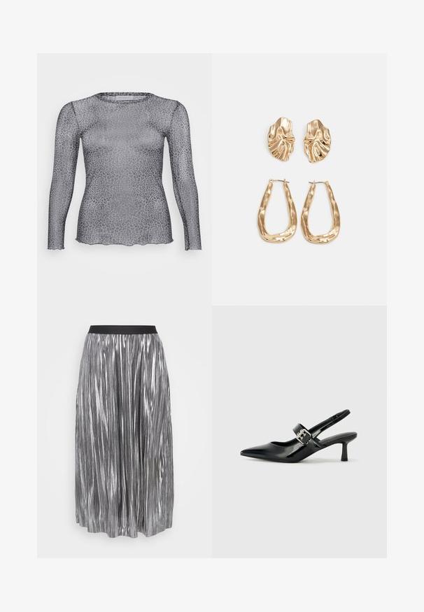 Top cinza transparente de manga longa com padrão de leopardo, apresentando um decote redondo e bainha em onda. Feito de material leve e transparente.; Saia plissada prateada feita de tecido metálico com uma cintura elástica preta. Apresenta pregas verticais brilhantes e um comprimento até à metade da panturrilha.; Saltos slingback em verniz preto com bico pontiagudo e um pequeno salto bloco, apresentando um detalhe de fivela prateada na tira.; Brincos em tom de ouro com formas onduladas e texturizadas. Inclui studs escultóricos com presilha e um design de argola aberta com um acabamento martelado.