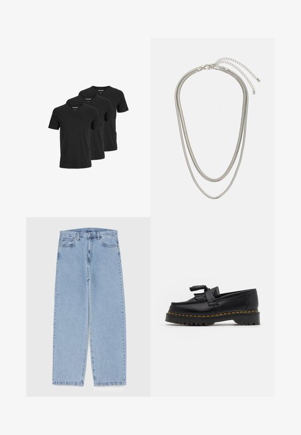 Schwarze Baumwoll-V-Ausschnitt-T-Shirts mit kurzen Ärmeln und normaler Passform, präsentiert im Dreierpack. Glatte Textur, keine Muster oder Akzente.; Hellblaue Jeans aus Denim mit geradem Bein, ausgestattet mit einer mittelhohen Taille, fünf Taschen sowie einem Knopf- und Reißverschluss.; Schwarze Lederloafers mit einem fransenverzierten Akzent, ausgestattet mit einer robusten schwarzen Sohle und gelber Naht entlang der Kante. Texturierte Oberfläche.; Dreischichtige Halskette aus Silbermetall mit schlanken, flexiblen Ketten mit leichtem Glanz, gesichert mit einem Karabinerverschluss und verstellbarer Kette.