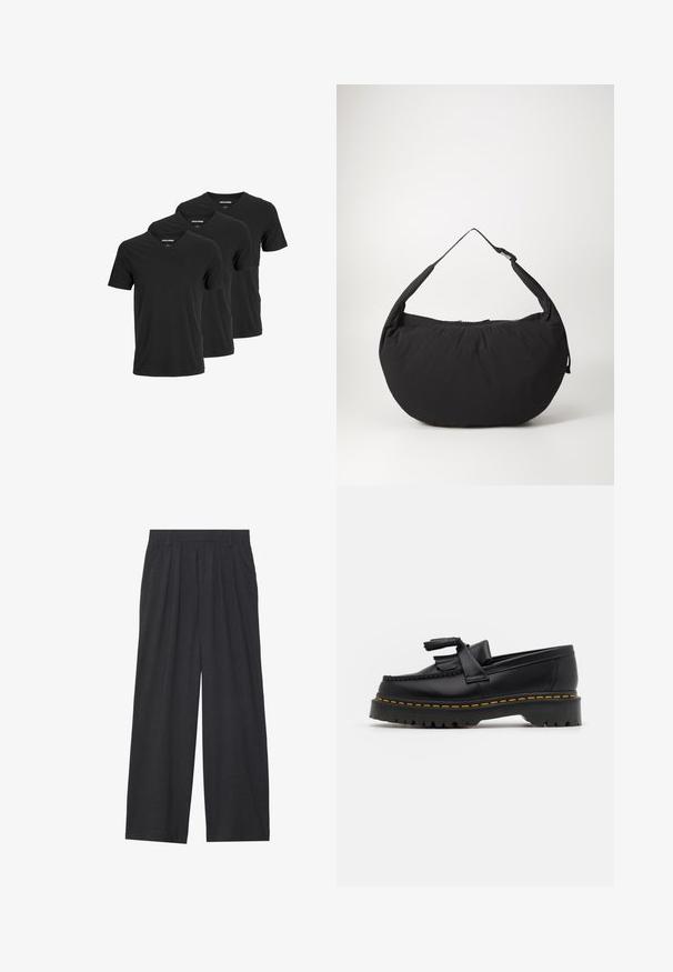 Crne pamučne majice s v-izrezom, s kratkim rukavima i regularnim krojem, prikazane u pakiranju od tri komada. Glatka tekstura, bez uzoraka ili akcenata.; Hlače širokih nogavica napravljene od tamnosive tkanine. Imaju nabore na struku, kroj prilagođen tijelu i ravnu siluetu.; Crna kožna loaferica s resicama, koja ima čvrst crni potplat i žute šavove duž ruba. Teksturirana završna obrada.; Crna platnena torba za rame s zakrivljenim oblikom, koja ima jednu trakicu i zatvaranje na zip. Mekana tekstura, minimalistički dizajn.