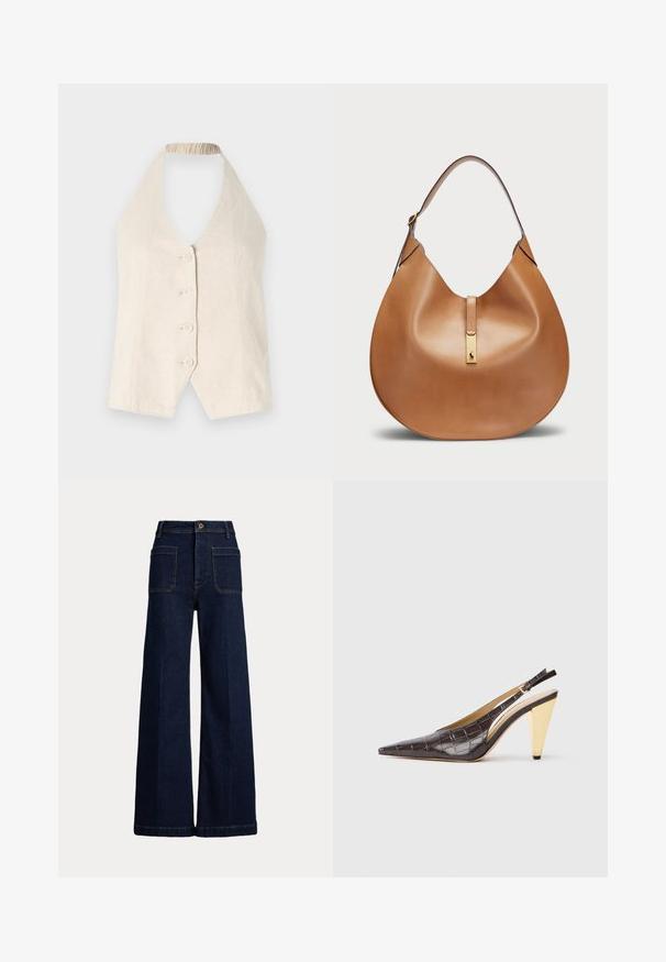 Kremna halter majica iz lana, z globokim V-izrezom in petimi gumbi pokritimi s tkanino spredaj. Detajl z nabranim izrezom.; Široke temno modre jeans hlače z visoko pasu, pet žepov in kontrastnim šivanjem. Imajo gumb za zapiranje in strukturno obliko.; Slingback peto s koničastim nosom, v temno rjavi sijoči umetni krokodilji usnjeni različici. Ima zlate geometrijske pete in nastavljiv ankel trak.; Torbica iz svetlo rjave usnjene oblike s širokim ramenskim trakom. Ima zlatni kovinski poudarek na sredini in gladko teksturo.