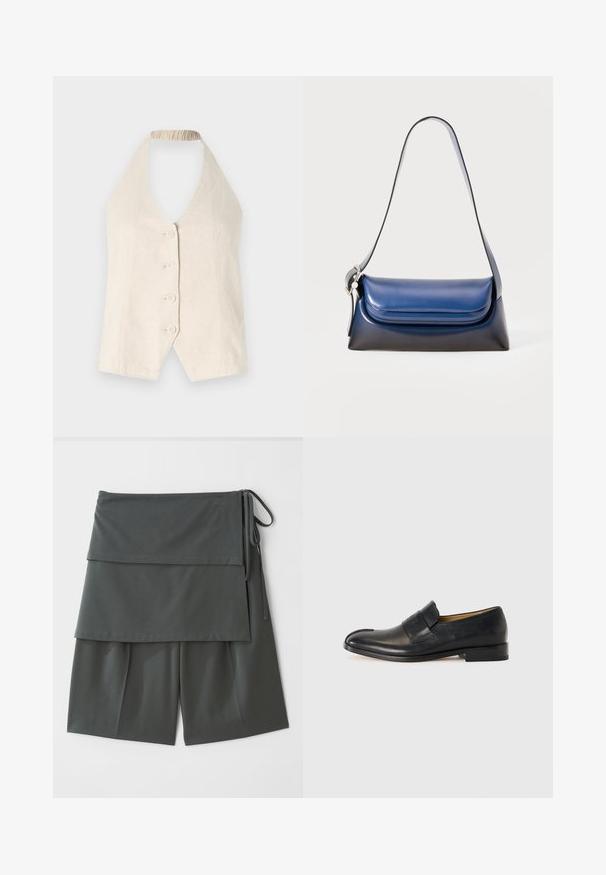 Haut à bretelles de couleur écrue en lin, doté d'un décolleté en V plongeant et de cinq boutons recouverts de tissu sur le devant. Détail de décolleté froncé.; Shorts unisex gris foncé avec un design superposé, dotés d'un panneau supérieur et de liens sur le côté. Fabriqués dans un tissu léger et lisse.; Mocassins en cuir noir avec une texture lisse, un bout rond et une sangle proéminente à l'avant ; présentent un design minimaliste.; Sac en cuir bleu marine avec une finition lisse, présentant une forme arrondie, un haut plié et une seule bandoulière. Inclus, un accent en matériel argenté.