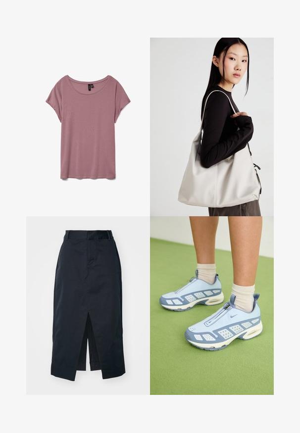 Jasno-różowa koszulka z krótkim rękawem, wykonana z miękkiego materiału, z okrągłym dekoltem i luźnym krojem, bez widocznych wzorów ani faktur.; Ciemnoniebieska midi spódnica wykonana z mieszanki bawełny, z rozcięciem z przodu, ukrytym zamkiem błyskawicznym i kieszeniami po bokach dla większej funkcjonalności.; Jasnoniebieskie buty sportowe z białymi akcentami, teksturowanymi panelami i zapięciem na zamek. Oferują widoczną podeszwę z amortyzacją powietrzną oraz gumową podeszwę.; Beżowa torebka wykonana z miękkiego materiału, charakteryzująca się luźnym fasonem, wyszywanymi detalami i dwoma uchwytami na ramię. Idealna na co dzień.