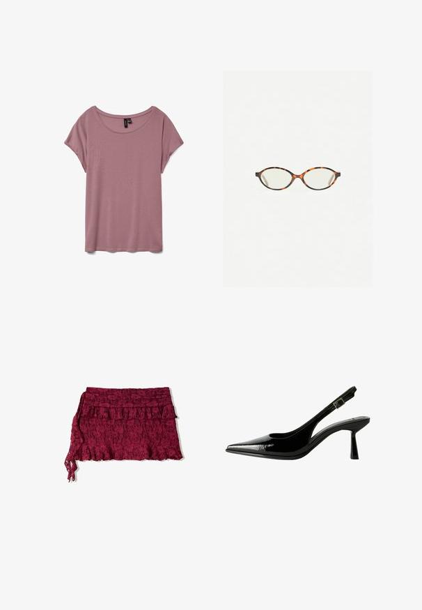 Svetloružové tričko s krátkym rukávom vyrobené z mäkkej tkaniny s okrúhlym výstrihom a voľným strihom, bez viditeľných vzorov alebo textúr.; Bordová čipková sukňa s volánovým lemom a vrstveným dizajnom. Má jemnú textúru a nastaviteľný viazací prvok na jednej strane.; Čierne lakované kožené slingback lodičky s špicatou špičkou, vyrezávanými bokmi, nastaviteľným remienkom okolo členka a tenkým, elegantným podpätkom.; Korytnačkové okuliare s oválnymi šošovkami a hladkým, lesklým povrchom. Majú tenké strany s jemným zakrivením na spánkoch. Priehľadné šošovky.