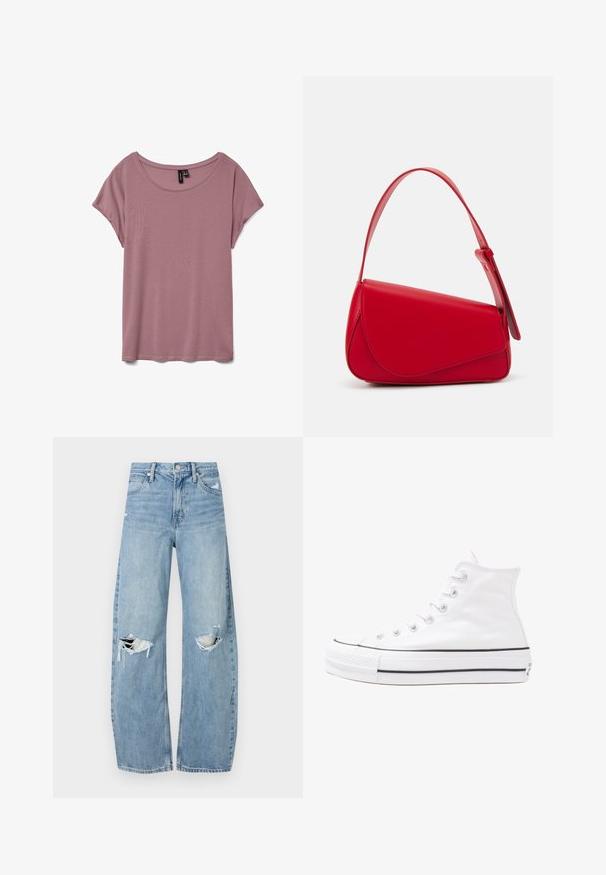Camiseta de manga curta rosa claro, feita de tecido suave, com decote redondo e corte solto, sem padrões ou texturas visíveis.; Jeans de lavagem clara, de cintura alta, feitos de denim. Apresentam pernas largas, duas áreas rasgadas nos joelhos e o estilo clássico de cinco bolsos.; Sapatilha alta de tela branca com sola de borracha preta, bico de borracha na frente e seis ilhós para os atacadores, apresentando um design limpo e minimalista.; Bolsa de mão em couro vermelho com um design angular e geométrico. Apresenta uma única alça ajustável e um fecho com aba, com detalhes cosidos.