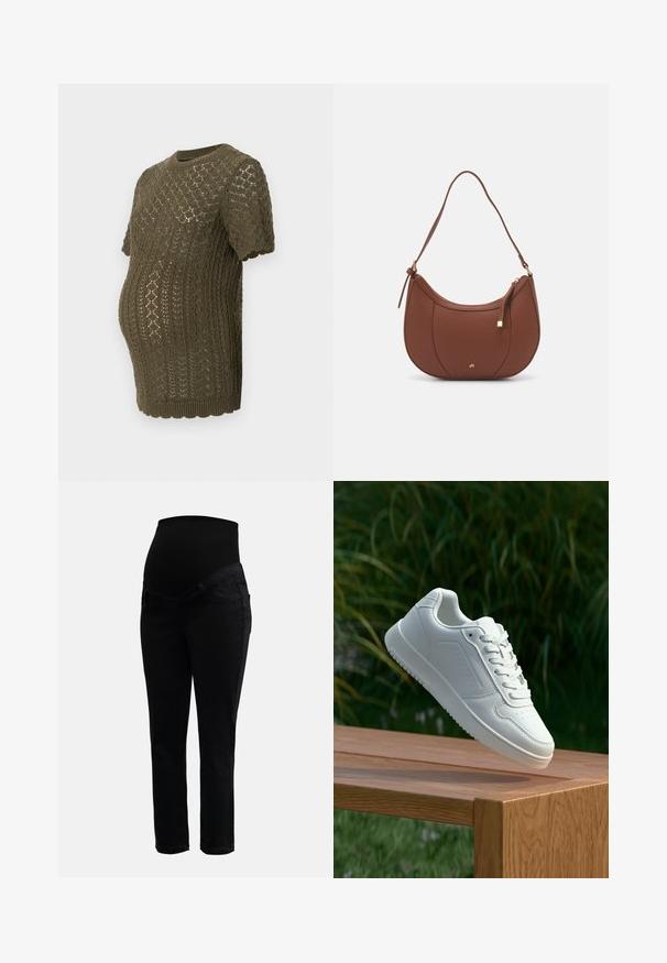 Olivegrønn strikket graviditetsgenser med et teksturert diamantmønster, korte ermer og bølget kant, designet for en voksende mage.; Svarte graviditetsjeans med elastisk høy midje og smale ben, designet for komfort og støtte under graviditeten.; Hvite sneakers med en glatt syntetisk overdel, perforert tåboks, flate snørebånd og en teksturert såle, vist på en treflate.; Brun kunstlæder skuldertaske med buet form, minimal syning og detaljer i guld-tonet hardware. Har en top lynlås lukning og justerbar rem.