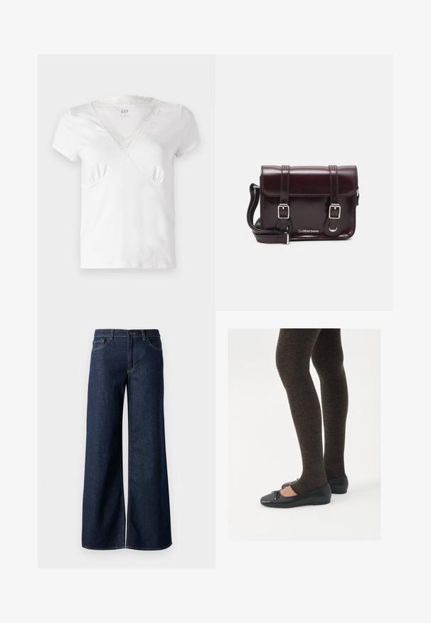 Bílé tričko s krátkým rukávem a véčkovým výstřihem, zdobené krajkovým lemem kolem výstřihu a jemným řasením na poprsí. Měkký bavlněný materiál.; Džínsy s širokými nohavicemi v tmavě modré barvě. Mají kontrastní švy, pět kapes a zapínání na knoflík v pase. Hladká textura.; Černé ploché boty s malou mašlí na špičce, kombinované s tmavě hnědými žebrovanými punčochami. Boty mají hladký povrch a nízký profil.; Burgundská lakovaná křížová taška obdélníkového tvaru, se dvěma popruhy, stříbrnými kovovými doplňky a klopovým uzávěrem.