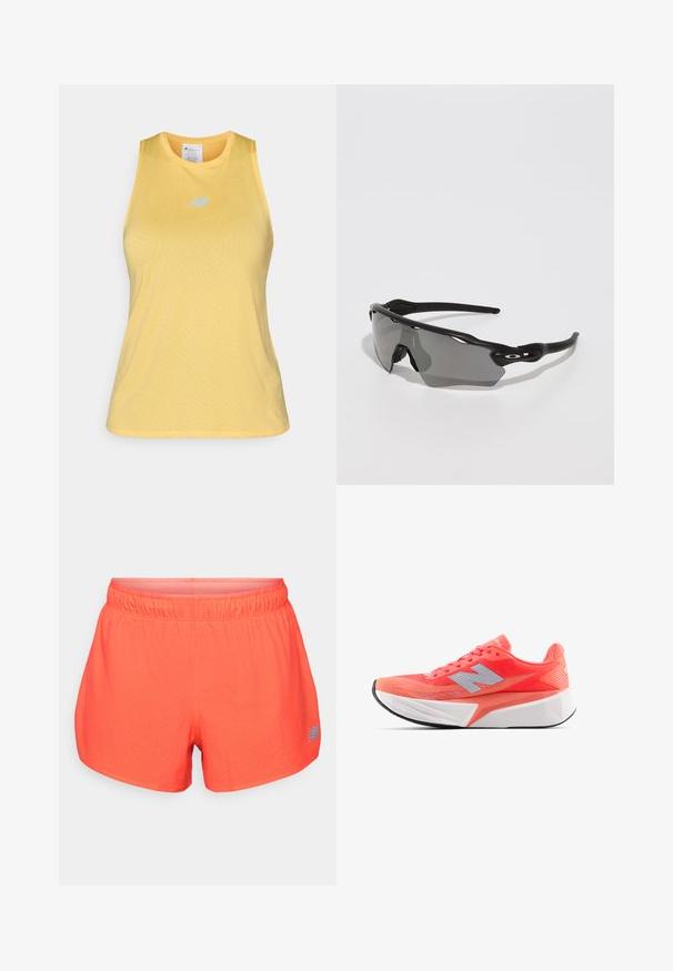 Dzeltena bez piedurknēm sporta krekls, ražots no teksturēta materiāla, ar apaļu kakla izgriezumu un gaiši zilu logo krūšu zonā.; Vīriešu skriešanas šorti spilgtā korallkrāsā, izgatavoti no elpojoša auduma ar perforētu tekstūru. Iezīmēti ar elastīgu jostu un zilu logo akcentu.; Viegls skriešanas apavi spilgti korallegā ar acu audumu un sudraba logo. Ievērojama teksturēta balta viduspēda un melna gumijas zole.; Melni sporta saulesbrilles ar elegantu dizainu, apņemjo lēcu, pelēku toni un teksturētām melnām kājām. Nav redzamu logo.