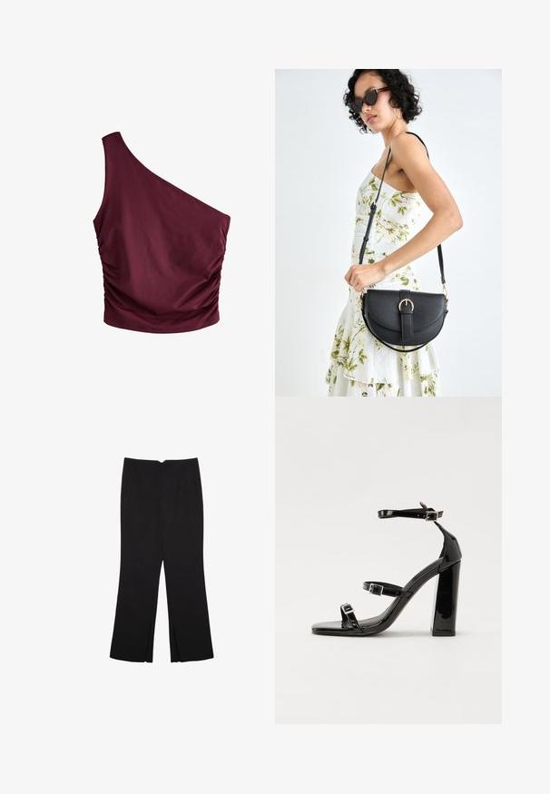 Burgundska majica z enim ramenom z nabranim detajlom na strani. Narejena je iz gladkega materiala, ima prilegajočo obliko in minimalističen dizajn.; Črne hlače ravnega kroja z naglavnimi žepi in stranskimi razporki na robu. Narejene iz mehke, gladke tkanine. Primerne za različne priložnosti.; Črne lakirane sandale s peto, kvadratnim prstom, trakovi okrog gležnja in srebrnimi zaponkami. Opremljene so s stabilno Debelo peto.; Črna usnjena torbica s ukrivljeno obliko, z odstranljivo naramnico in zlatimi dodatki. Torbica ima pokrov s podrobnostmi v obliki zaponke.