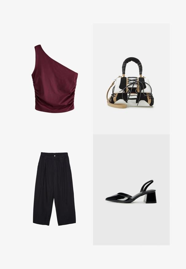 Top bordeaux a spalla singola con dettagli arricciati sul lato. Realizzato in tessuto morbido, presenta una forma aderente e un design minimalista.; Pantaloni culotte neri in poliestere con una cintura elastica, due pieghe frontali e una silhouette ampia. Nessun motivo visibile o dettagli in metallo.; Décolleté in vernice nera con punta affusolata e tacco in geometria cubica. Presentano un design elegante e minimalista, con una texture liscia.; Borsa multicolore con rete nera, bianca e beige. Presenta un manico testurizzato, un design con lacci e una tracolla rimovibile.