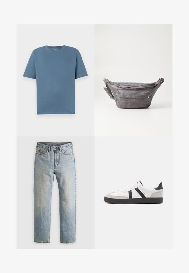 Rundhals-T-Shirt mit kurzen Ärmeln aus weichem blauen Baumwollstoff. Bietet eine lockere Passform und überstickte Säume. Keine Muster oder zusätzlichen Akzente.; Helle blaue Jeans mit hoher Taille, Frontknopf, Reißverschluss und fünf Taschen-Design, flach auf einem neutralen Hintergrund ausgelegt.; Weiße Sneaker mit schwarz- und grau-aczenten, ausgestattet mit einer strukturierten grauen Zehenkappe, schwarzer Gummi-Sohle und flachen weißen Schnürsenkeln. Sauberes Design, minimalistische Stil.; Graue Wildleder-Gürteltasche mit runder Form, zwei mit Reißverschluss verschlossenen Fächern und verstellbarem Trageriemen. Mit metallischen Hardware-Akzenten.