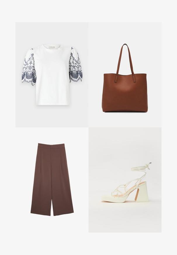 Valkoinen T-paita puffihuulilla, jossa on monimutkaista tummansinistä kukka-embroidausta helman ympärillä. Pehmeää puuvillamateriaalia, pyöreä pääntie, rento istuvuus.; Ruskeat leveälahkeiset housut, joissa on sileä pinta, korkea vyötärö ja etupleat. Kangas on kevyttä ja laskeutuu väljänä.; Valkoinen korkokenkä, jossa on paksu korko, ja joka sisältää nauhakiinnityksen ja nilkkaketjun. Sujuva pinta, jossa on platform-etupohja lisäkorkeutta varten.; Ruskea nahkainen olkalaukku, jossa on sileä pinta, avoin yläosa ja kaksi olkahihnaa. Omaavat vain minimaalisen ompelun eikä näkyvää metalliosaa.