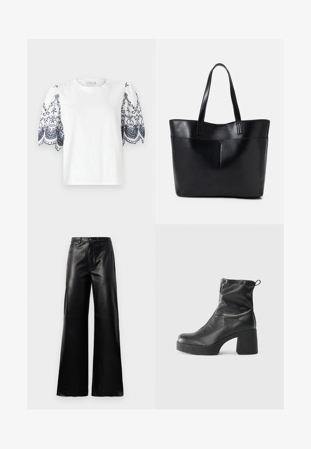 Valge T-särk puffsete varrukatega, millel on keerukas tumesinine lilleline tikand ääres. Pehme puuvillane materjal, ümmargune kaelus, mugav lõige.; Mustad talje laiad jalad kunstnahast püksid esipaneeli nööbi ja lukuga, vöödega ja küljetaskutega valge tausta peal.; Mustad mustad ansapüksid, mis on valmistatud siledast nahast, külje zipperiga, paksu tekstuuriga kontsaga ja ümmarguse nina disainiga.; Must mustaga musta nahast, millel on kaks pikka kanda, sile tekstuur ja struktureeritud kuju. Esipoolsel on lisakoti jaoks tasku.