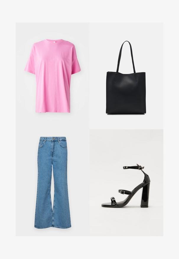 Pink cotton t-shirt with short sleeves, a round neckline, and a relaxed fit. Minimal seams and smooth texture with no visible patterns.; Light blue flared jeans made of denim, featuring a high waist, five pockets, and a single button closure. Soft texture with faded finish.; Black patent heeled sandals with a square toe, ankle straps, and silver buckles. Features a chunky block heel for stability.; Black leather tote bag with smooth texture, rectangular shape, and two long handles. No visible hardware or embellishments.
