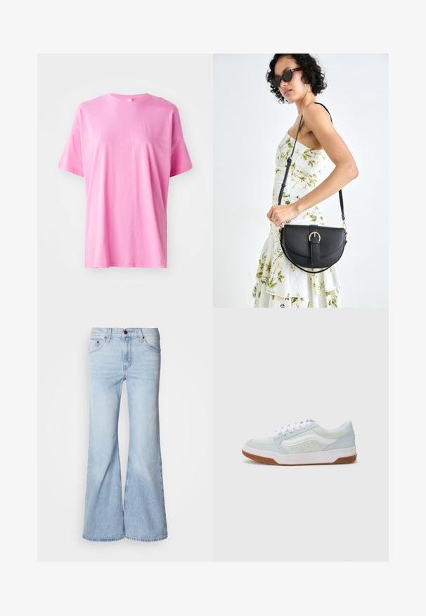 Pink cotton t-shirt with short sleeves, a round neckline, and a relaxed fit. Minimal seams and smooth texture with no visible patterns.; Light blue flared jeans, featuring a high waist, denim fabric, five pockets, and a button closure. The legs are wide and have a slightly faded finish.; Low-top sneaker with a mint green and white suede upper, white laces, subtle perforations, and a brown rubber sole.; Black leather handbag with a curved shape, detachable strap, and gold hardware. The bag features a flap with a buckle detail.