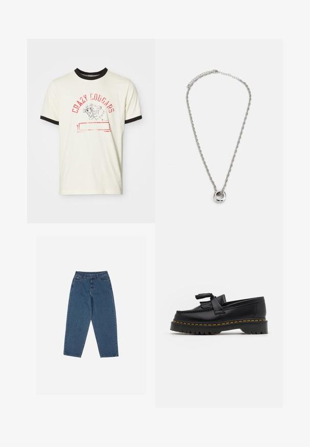 Krém színű, rövidujjú póló fekete kerek nyakkivágással. Jellemzője a piros "CRAZY COUGARS" felirat és egy puma illusztráció. Normál szabású.; Kék farmernadrág, laza szabással, magas derékkal, öt zsebes kialakítással és varrási díszítésekkel. Gombos és cipzáros záródással rendelkezik.; Fekete bőr mokaszin, rojtos díszítéssel, masszív fekete talppal és sárga varrással az élén. Texturált felület.; Ezüst tónusú fém nyaklánc, csavarodott lánc dizájnnal és egy kör alakú, fényes felületű medállal.