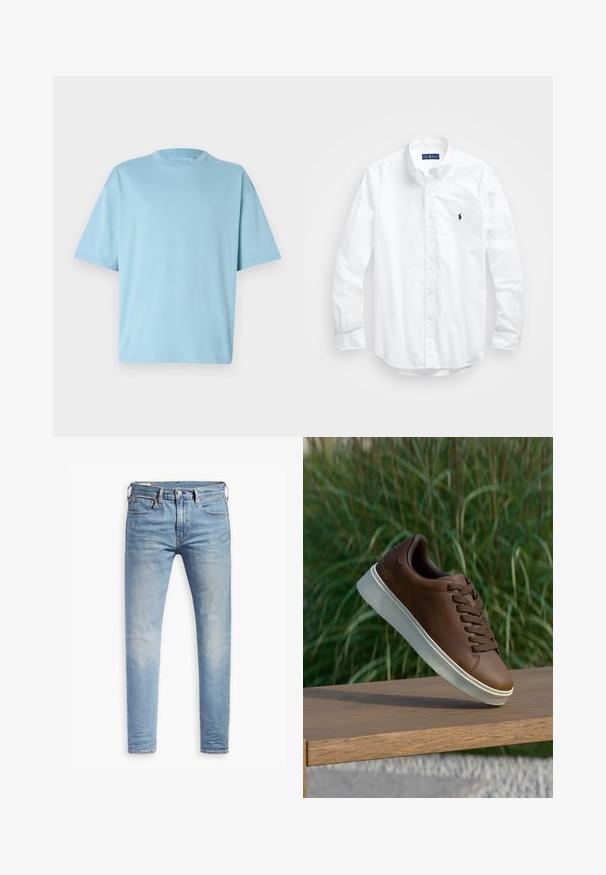 Světle modré bavlněné tričko s kulatým výstřihem, krátkými rukávy a volným střihem. Hladká textura a minimalistický design.; Bílá košile s dlouhým rukávem a knoflíkovým zapínáním vyrobená z bavlny. Má klasický límec, knoflíkové manžety a malé námořnické vyšívané logo na hrudi.; Světle modré slim-fit džíny s mírným vyblednutím na stehnech, zapínání na knoflík vpředu, poutka na opasek a pět kapes na bílém pozadí.; Hnědé kožené tenisky s bílou gumovou podrážkou, kulatou špičkou a hnědými tkaničkami. Imitovaný grip na podrážce a hladký povrch na svršku.