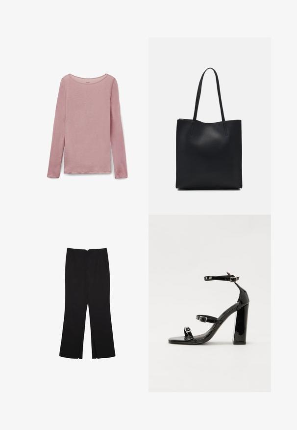 Dlouhý rukáv v světle růžové barvě, s kulatým výstřihem a měkkou, strukturovanou tkaninou s mírně volným střihem a bočními rozparky na lemu.; Černé kalhoty s rovným střihem, s předními kapsami a bočními rozparky na lemu. Vyrobené z jemné, hladké tkaniny. Vhodné na různé příležitosti.; Černé lakované sandály na podpatku se čtveratou špičkou, lýtkovými pásky a stříbrnými přezkami. Disponují masivním blokovým podpatkem pro stabilitu.; Černá kožená taška přes rameno s hladkým povrchem, obdélníkovým tvarem a dvěma dlouhými uchy. Žádné viditelné kování ani ozdoby.