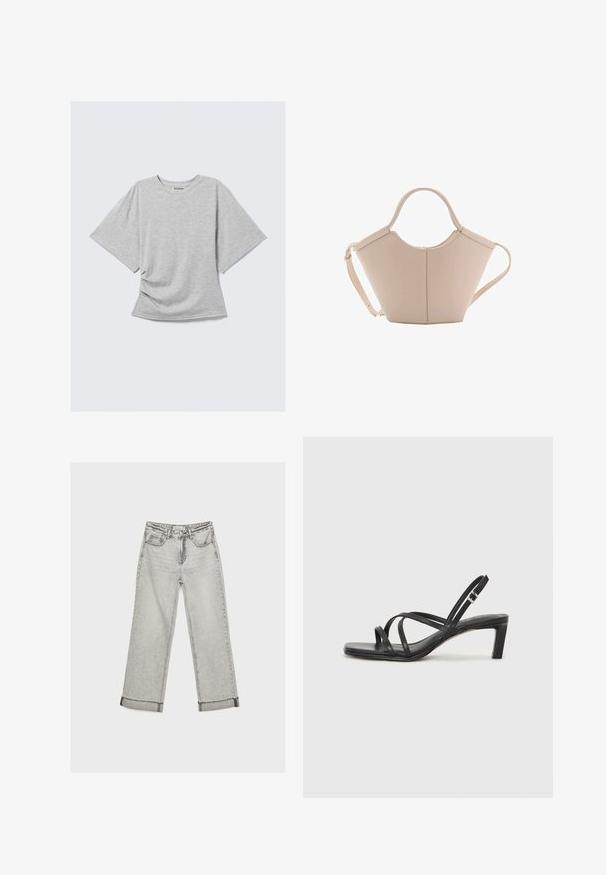 Hellgraues Kurzarm-T-Shirt mit Rundhalsausschnitt und leichter seitlicher Raffung, flach auf einem weißen Hintergrund ausgelegt.; Graue Denim-Jeans mit weitem Beinschnitt und hoher Taille, ausgefranstem Saum und kontrastierenden Nähten. Verfügt über fünf Taschen und einen klassischen Knopfverschluss.; Schwarze Sandale mit Riemchen, quadratischer Zehenform und niedrigem Blockabsatz. Verfügt über mehrere dünne Riemen und einen verstellbaren Knöchelriemen. Hergestellt aus glattem Leder.; Beige Lederhandtasche mit einer einzigartigen Form, die zwei kurze Henkel und einen langen verstellbaren Riemen aufweist. Glatte Textur mit minimalen Hardware-Elementen.