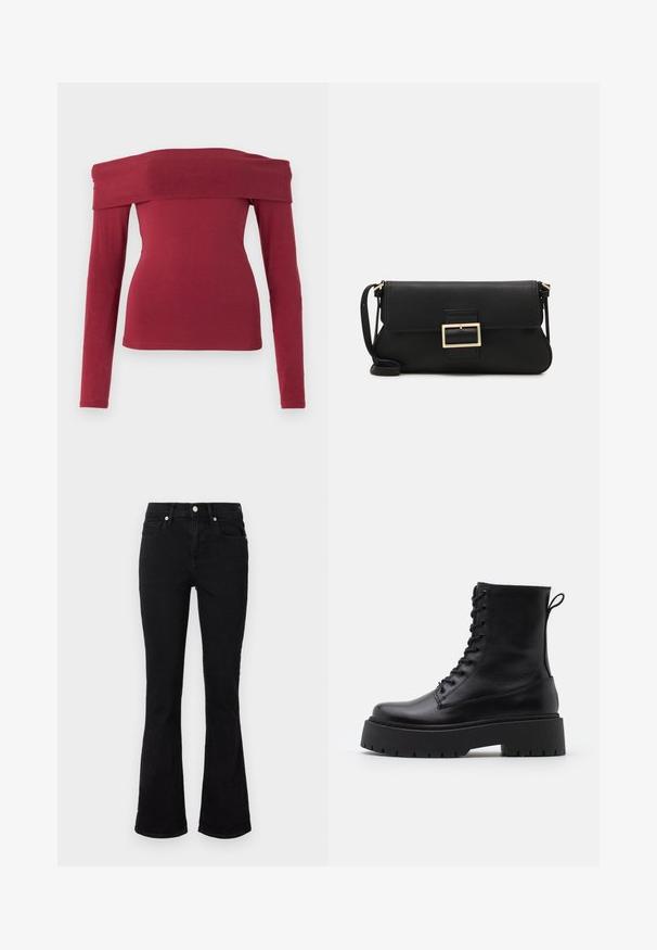 Cămașă maroon, cu mâneci lungi și umeri goi. Design ajustat, textură netedă și decolteu larg. Cusături simple, minime la mansete și la margine.; Jeanși negri evazați din denim, cu talie medie, buzunare frontale și închidere cu nasture. Textură netedă, cu detalii minime de cusătură.; Botine din piele neagră, până la gleznă, cu vârful rotund, șireturi în față și o talpă groasă din cauciuc cu un model texturat. Fâșie de tragere la spate.; Geantă de mână din piele neagră, cu clapetă și un detaliu din metal auriu. Include o curea neagră și un design elegant, minimalist.