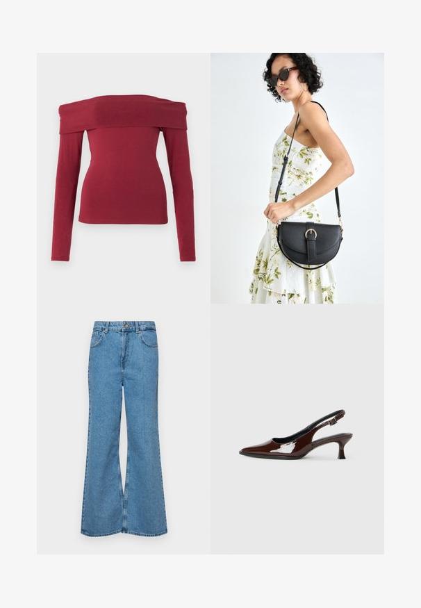 Bordo bluzica s dugim rukavima s otkopčavanjem na ramenima. Prilagođeni dizajn, glatka tekstura i široki izrez. Jednostavno, minimalno šivanje na manžetama i rubu.; Svijetloplave traperice s flared nogavicama, visokog struka, s pet džepova i jednim dugmetom za zatvaranje. Mekani materijal s izblijedjelim izgledom.; Smeđe patentne kožne cipele s otvorenom petom, špicastim vrhom i umjerenom petom. Imaju remen s kopčom za sigurno pristajanje. Glatka tekstura.; Crna kožna torba s lukovitim oblikom, odvojivim remenom i zlatnim detaljima. Torba ima preklop s kopčom.