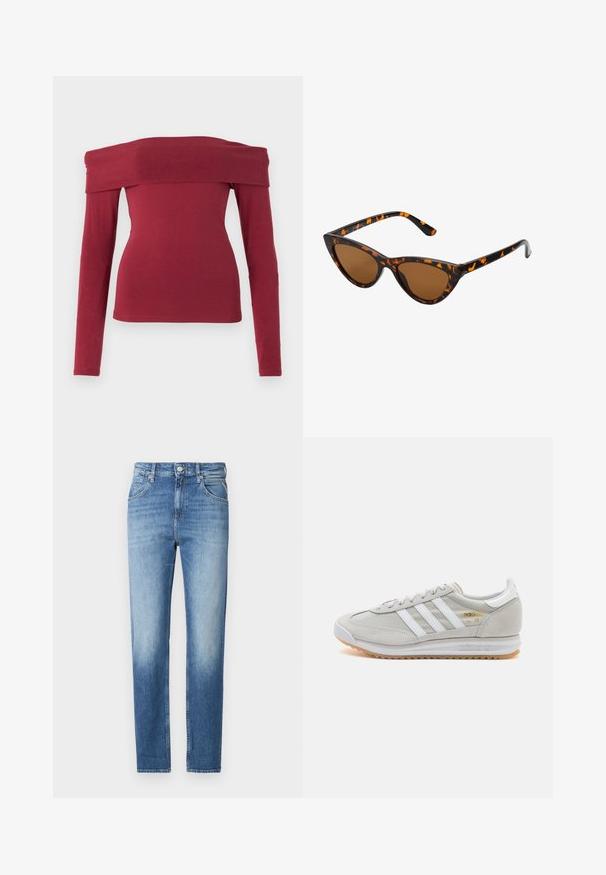 Maroon off-the-shoulder long-sleeve top. Fitted design, smooth texture, and a wide neckline. Simple, minimal stitching at cuffs and hem.; Light blue denim jeans with a straight fit, faded texture, five pockets, and a button closure at the waist. Distinctive stitching detail.; Light grey sneaker made of suede and mesh, featuring three white stripes, round toe, and a gum rubber sole. Gold logo accent near laces.; Cat-eye sunglasses with a black and orange tortoiseshell frame, brown lenses, and sleek, pointed tips. Features a minimal logo on the temple.