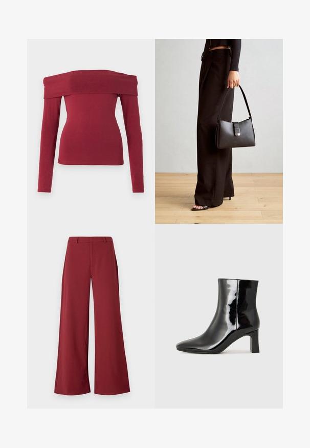 Bordo off-the-shoulder ilgi piedurknes tops. Pieguļošs dizains, gluda tekstūra un plaša kakla izgrieztne. Vienkāršas, minimālas šuves pie piedurknēm un apakšmalas.; Platās kājas bikses dziļi burgundijas krāsā. Izgatavotas no gludas, stiepjamas auduma ar pielāgotām šuvēm un priekšējo rāvējslēdzēju.; Melnas patentētas ādas potīšu zābaki ar norādītu pirkstu un vidēja augstuma kvadrātveida papēdi. Gluda tekstūra un minimālisma dizains.; Melnā somiņa ar strukturētu formu, gludu tekstūru un metālu sprādzi. Saskaņota ar platām melnām biksēm un sandālēm ar atvērtu purngalu uz koka grīdas.