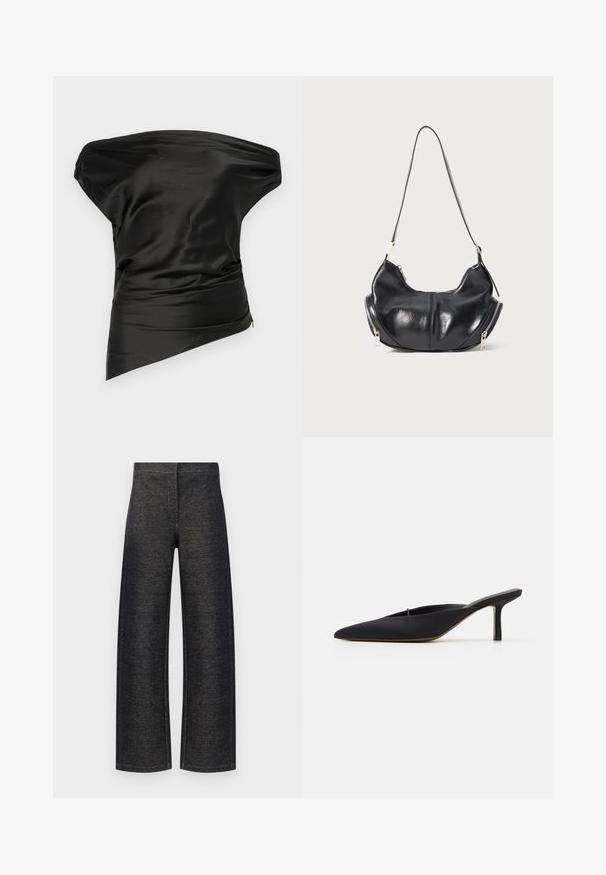 STAUD PHARE - Top - black; Taille hoge broek in zwart denim. Kenmerkt zich door een textuurafwerking met een schone tailleband en geen zichtbare bevestigingsmiddelen of zakken.; Zwarte muiltje met spitse neus en een strak ontwerp, gemaakt van gladde stof, met een slanke hak en open achterkant voor gemakkelijk aan- en uittrekken.; Zwarte leren schoudertas in de vorm van een halve maan met zilveren ritsen aan beide kanten en een enkele strap.