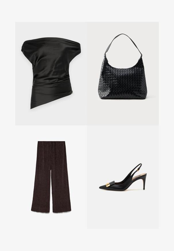 STAUD PHARE - Viršus - black; Plati kojinės tamsiai rudos tekstūruotos medžiagos. Elastinga juosmens juosta, vertikalus raukšlėtas raštas ir platėjanti apačia. Paprastas ir universali dizaino forma.; Juodos odinės slingback aukštakulnės su smailiu pirštu, pabrėžtos auksine sagtimi ir plonu, aukštu kulnu. Lygi tekstūra.; Juodas audinys odos krepšys su vienu peties dirželiu, pasižymintis švelnia, kreiva forma ir blizgiu paviršiumi. Išorinių kišenių nematyti.