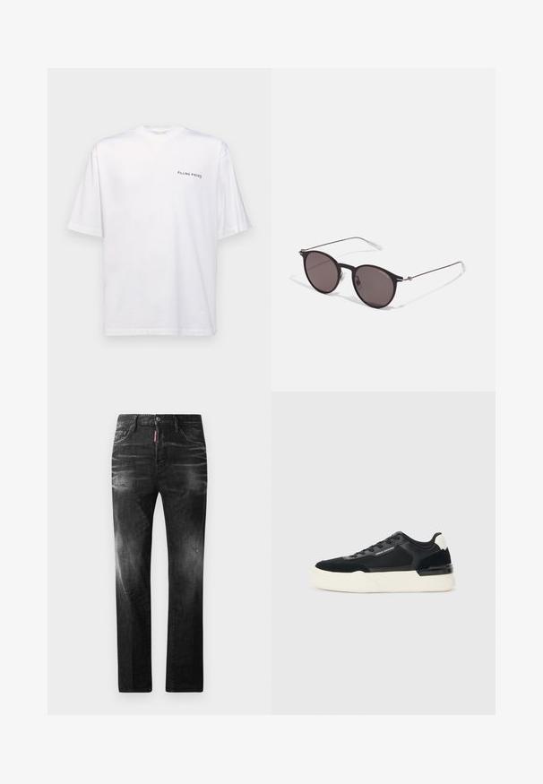 Vit kortärmad t-shirt i bomull med v-ringning, med en svart "FILLING PIECES" logga tryckt på vänster sida.; Svarta denimjeans med rak passform. Har blekta områden, mindre slitningar, klassisk femficksdesign och knäppning med knapp.; Svarta sneakers gjorda av mesh och läder, med en tjock vit sula och kontrasterande detaljer. Snörning och logotypdetalj på sidan.; Svarta runda solglasögon med mörka linser och smala metallarmar. Inkluderar klara tempeltips och silverdetaljer vid gångjärnet. Minimalistisk design.