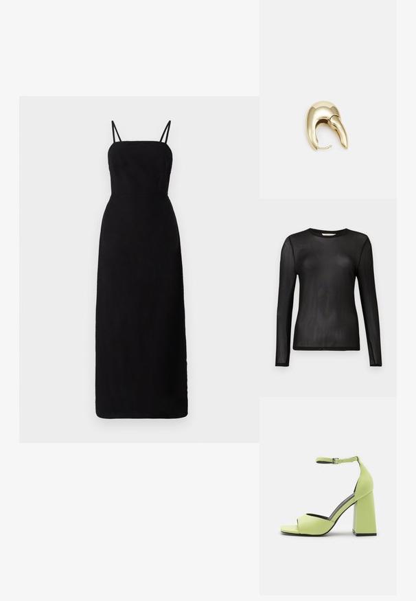 Zwarte, langmouwige top van doorschijnende, lichte stof met een ronde halslijn en een strakke pasvorm. Gladde textuur zonder patronen of versieringen.; Zwarte, lange jurk met dunne spaghettibandjes, een getailleerde bodice en een gladde textuur. Minimalistisch ontwerp zonder patronen of accenten.; Even&Odd Sandalen met hoge hak - light green; Zwarte leren handtas met een gebogen vorm, afneembare schouderband en gouden hardware. De tas heeft een klep met een gespsluiting.; Gouden metalen oorbel met een slank, gebogen ontwerp. Beschikt over een kenmerkende puntige vorm, gepolijste oppervlakte en scharnier sluiting.