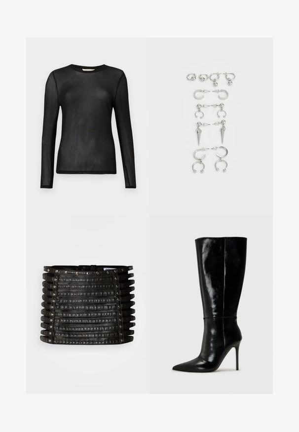 Černý, dlouhý rukáv top vyrobený z průsvitné, lehké látky s kulatým výstřihem a přiléhavým střihem. Hladký povrch bez vzorů nebo ozdob.; Černá kožená minisukně s vodorovnými popruhy a stříbrnými cvočky podél horního okraje a podélných stran.; Černé kožené vysoké boty po kolena s špičatou špičkou a vysokým jehlovým podpatkem. Hladká textura a elegantní design, s minimálními detaily.; Sada stříbrných náušnic s různými designy: kruhy, pecky a visací styly, se kuličkovými akcenty a špičatými prvky.
