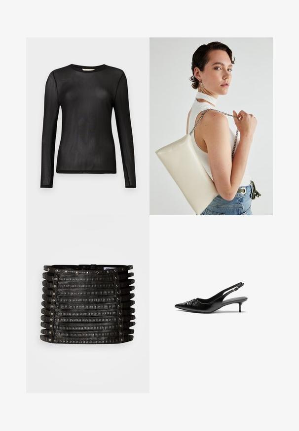 Schwarzes, langärmliges Oberteil aus durchscheinendem, leichtem Stoff mit rundem Ausschnitt und taillierter Passform. Glatte Textur ohne Muster oder Verzierungen.; Schwarzer Minirock aus Leder mit horizontalen Riemendetails und silbernen Nieten entlang der oberen Kante und der vertikalen Seiten.; Schwarze Leder-Slingback-Absätze mit einer spitzen Zehenform, kleinen Kitten-Absätzen und einem dekorativen Knoten-Detail auf der Vorderseite. Glatte Textur über die gesamte Fläche.; Weiße rechteckige Clutch aus glänzendem Material mit einem silbernen Kettenriemen. Das Model posiert und präsentiert die Tasche vor einem schlichten Hintergrund.