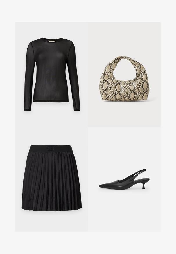 Crna, dugih rukava, majica od prozirnog, laganog materijala s okruglim izrezom i prilagođenim dizajnom. Glatka tekstura bez uzoraka ili ukrasa.; Crna plisirana suknja s glatkom teksturom, koja ima čvrst crni pojas i reljefni logo detalj sprijeda.; Crne kožne slingback cipele s oštrim nosom i uskim, zakrivljenim potplatom. Imaju diskretnu podesivu traku s metalnom kopčom.; Torba s uzorkom zmije s zakrivljenom drškom. Izrađena od teksturiranih materijala u bež i smešnim tonovima, sa karakterističnim dijamantnim uzorkom.