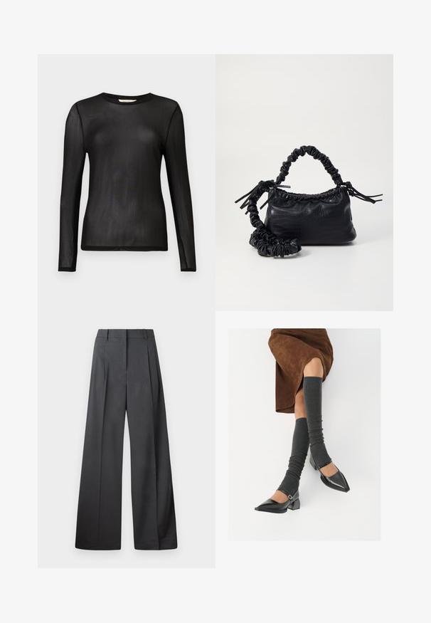 Black, long-sleeved top made of sheer, lightweight fabric with a round neckline and fitted design. Smooth texture without patterns or embellishments.; Wide-leg trousers in dark gray fabric, featuring a high waist, single pleats, and a smooth texture with a clean finish at the hems.; Black patent leather pointed-toe shoes with a block heel and ankle strap, paired with gray ribbed leg warmers and a brown suede skirt.; Black faux leather handbag with a crocodile texture, cinched top, and a scrunched strap. Appears soft and compact in design.
