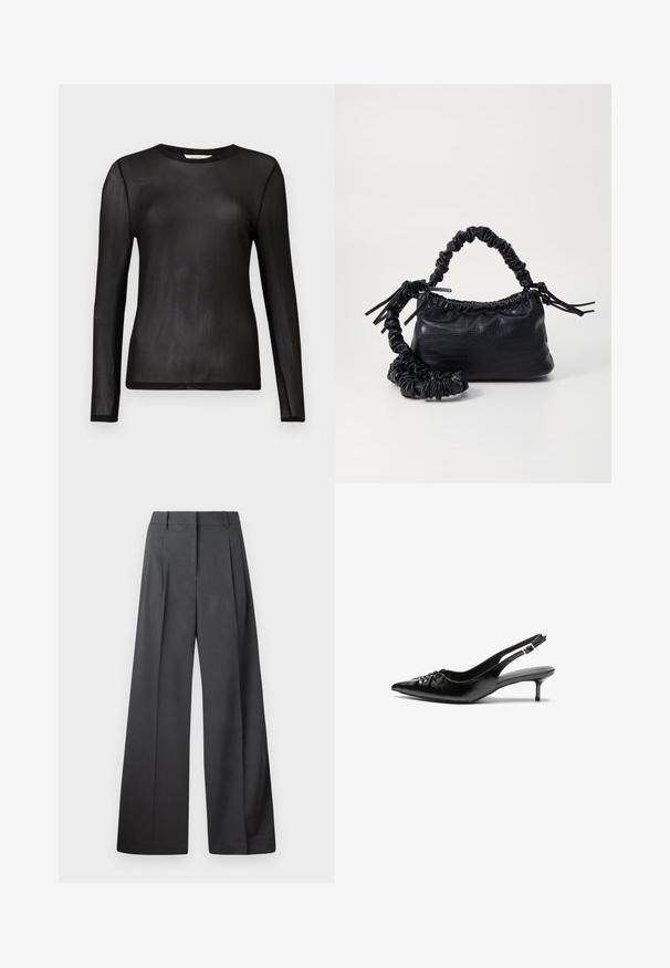 Musthave must must must mustmust; Tumesed püksid tumesinises kangas, kõrge vöökoht, üks voldik ning sile struktuur puhaste ääristega.; Mustad nahast rihmikud terava nina, madala kassisaba kand ja volditud detailiga eespool. Siledat tekstuuri ja minimalistlikku disaini.; Must must sünteetilisest nahast käekott, millel on krokodillimuster, kokku tõmmatav ülaosa ja kortsus rihm. Tundub pehme ja kompaktne disain.