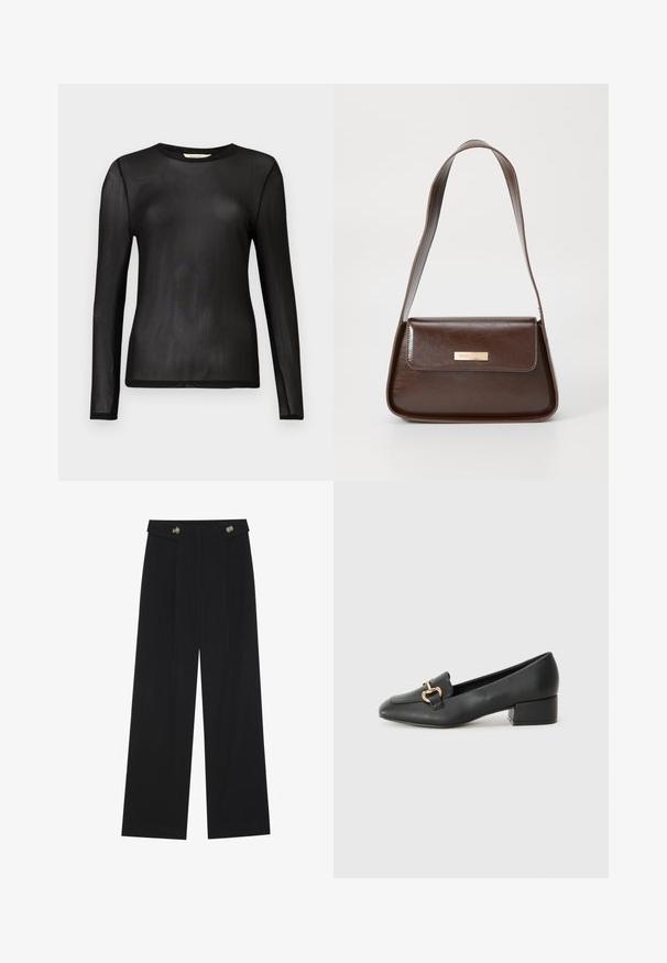 Schwarzes, langärmliges Oberteil aus durchscheinendem, leichtem Stoff mit rundem Ausschnitt und taillierter Passform. Glatte Textur ohne Muster oder Verzierungen.; Schwarze weite Hosen mit hoher Taille, Knopfdetails am Bund und vorderen Falten.; Schwarze Lederloafers mit flachem Absatz, die auf der Vorderseite ein dekoratives goldfarbenes Hardware-Detail und eine glatte Textur aufweisen.; Braune Lederschultertasche mit strukturierter Form, ausgestattet mit einem magnetischen Klappenverschluss und einem metallischen Logoakzent auf der Vorderseite.